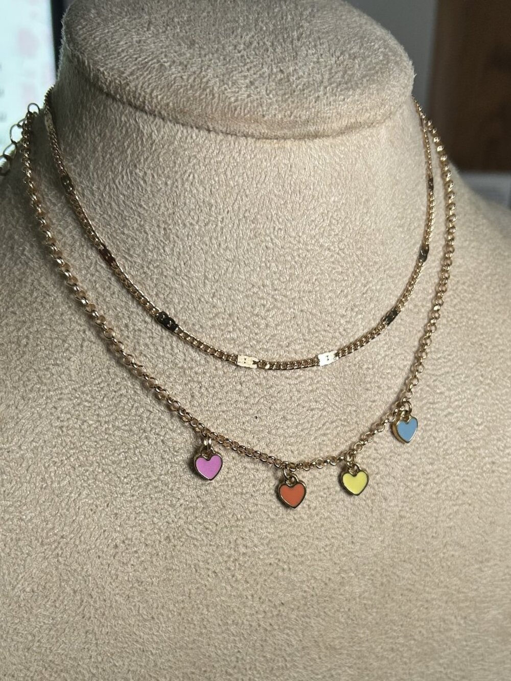 Gold Tone Pastel Enamel Multi Heart Double Layer Necklace Set